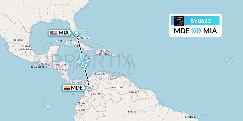 5Y8622 Atlas Air Flight Map: Medellin to Miami