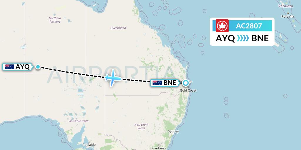 AC2807 Air Canada Flight Map: Ayers Rock to Brisbane