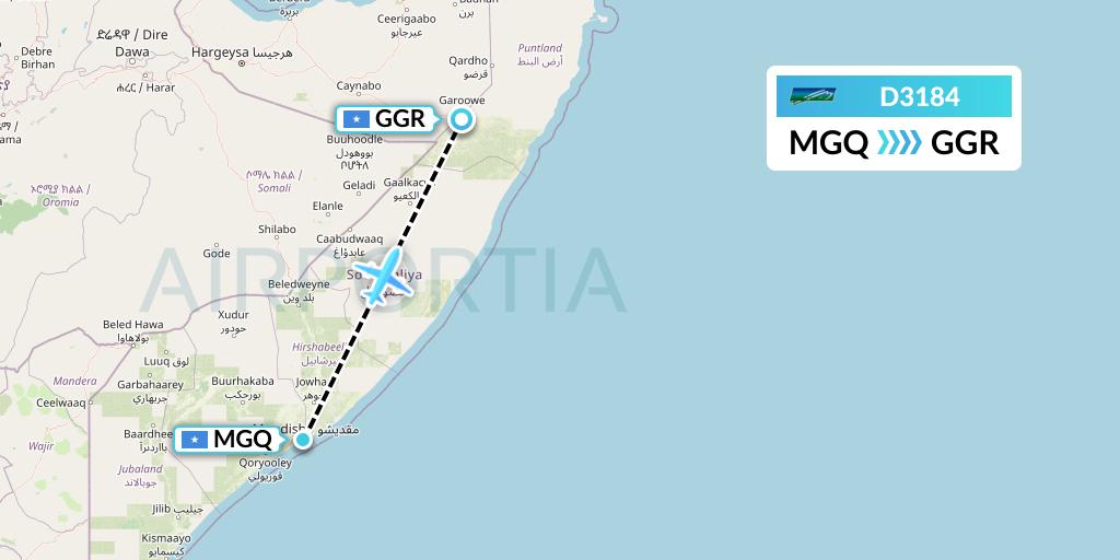 D3184 Daallo Airlines Flight Map: Mogadishu to Garoe