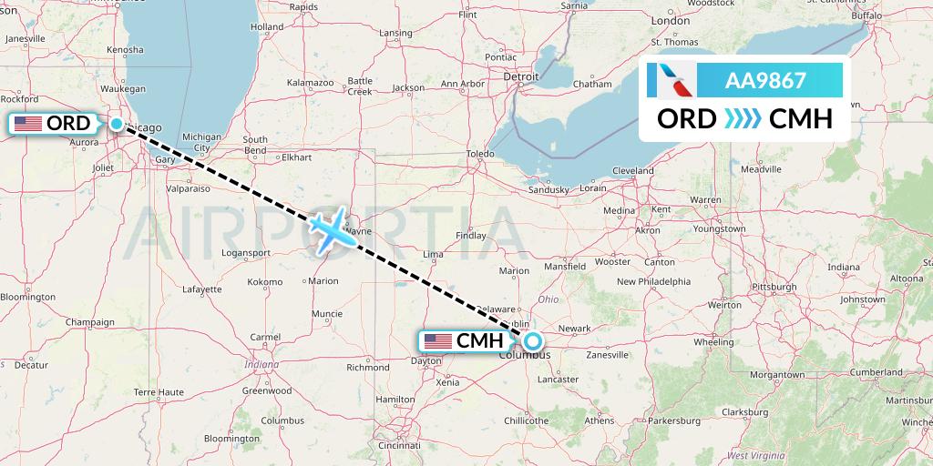 AA9867 American Airlines Flight Map: Chicago to Columbus