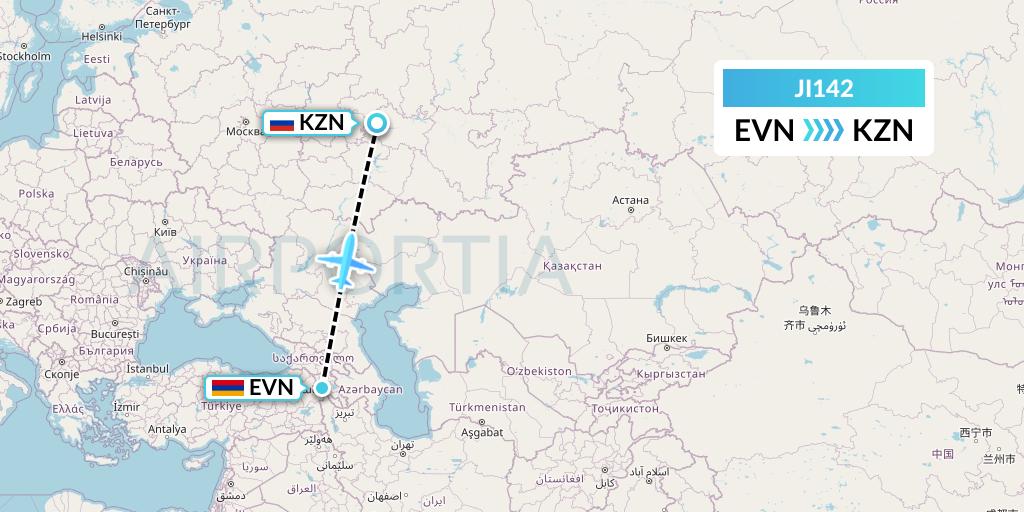JI142 Armenian Airlines Flight Map: Yerevan to Kazan