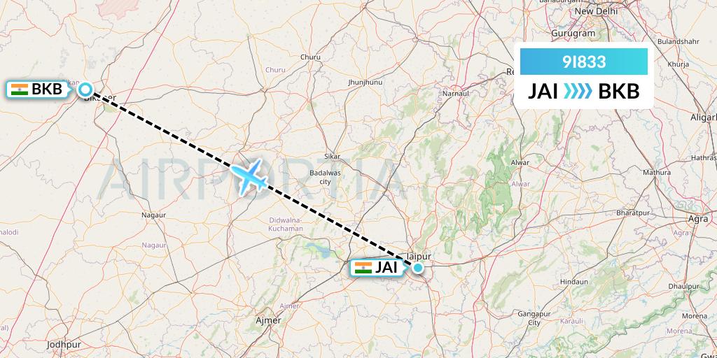 9I833 Air India Regional Flight Map: Jaipur to Bikaner