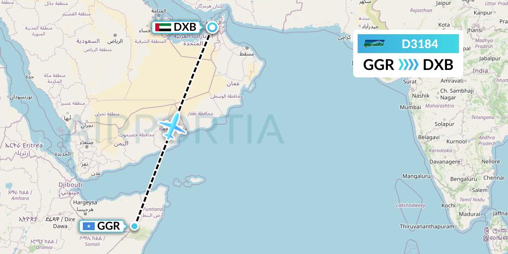 D3184 Daallo Airlines Flight Map: Garoe to Dubai