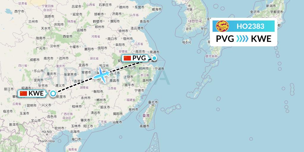 HO2383 Juneyao Airlines Flight Map: Shanghai to Guiyang