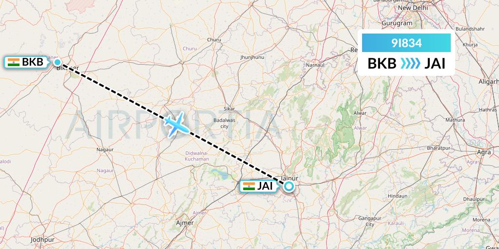 9I834 Air India Regional Flight Map: Bikaner to Jaipur