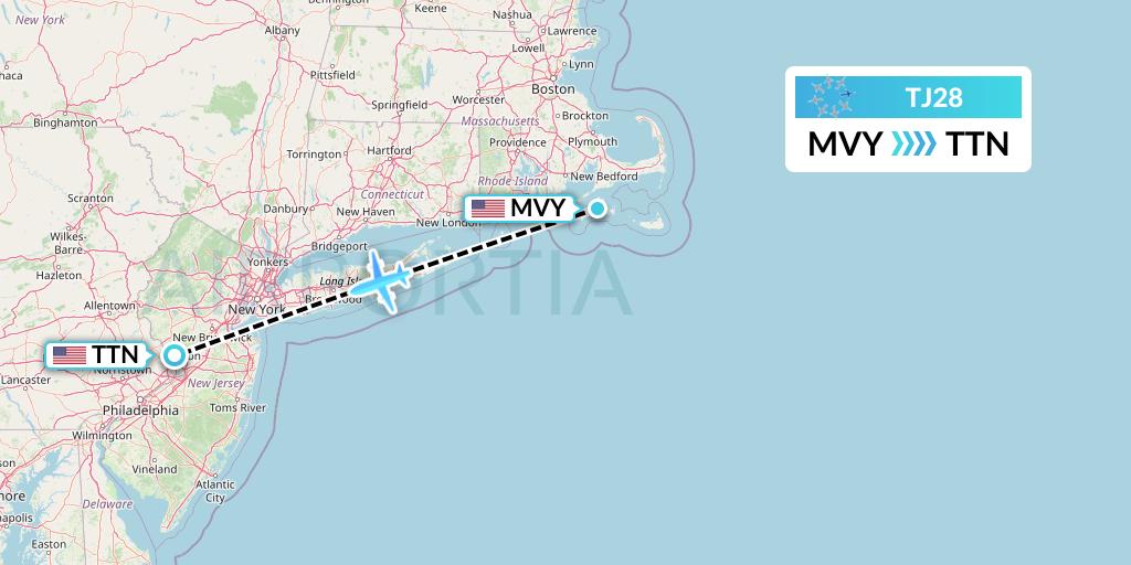 TJ28 Tradewind Aviation Flight Map: Martha's Vineyard to Trenton