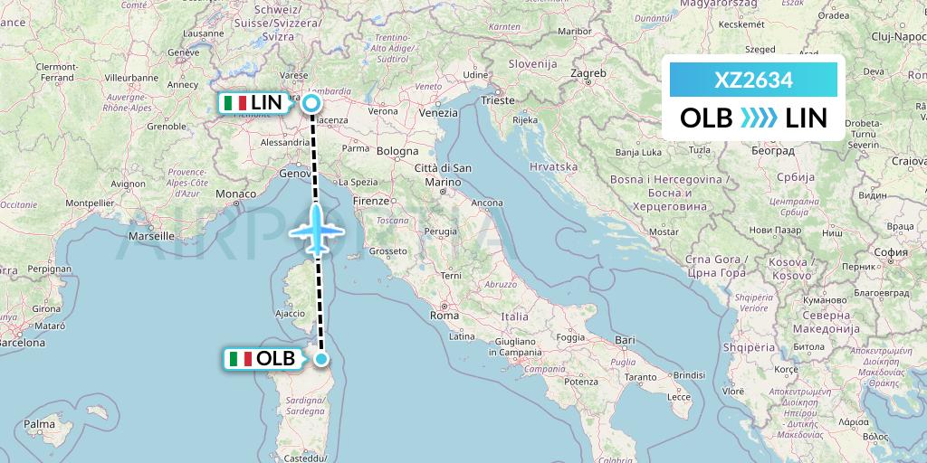 XZ2634 Aeroitalia Flight Map: Olbia to Milan