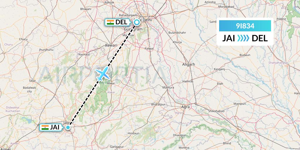 9I834 Air India Regional Flight Map: Jaipur to Delhi