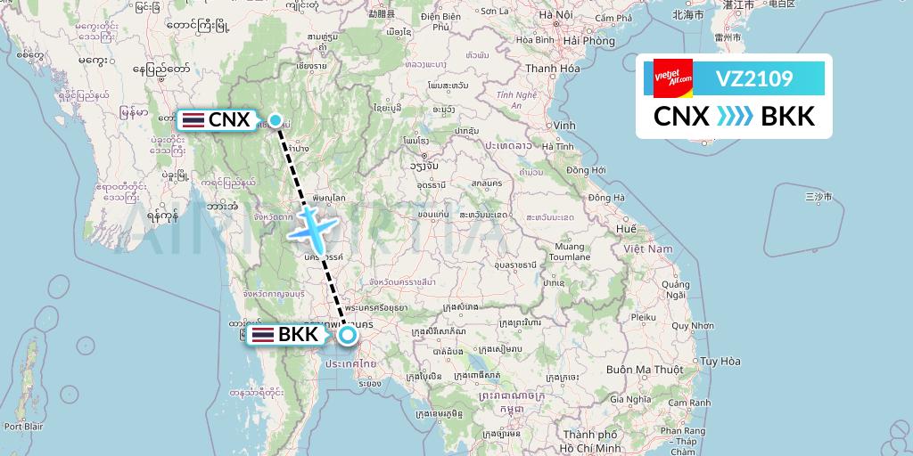 VZ2109 Thai Vietjet Air Flight Map: Chiang Mai to Bangkok