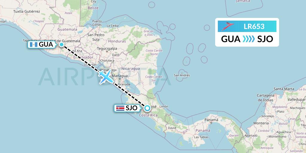 LR653 Lacsa Flight Map: Guatemala City to San Jose