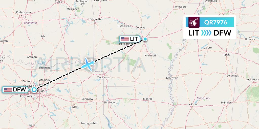 QR7976 Qatar Airways Flight Map: Little Rock to Dallas