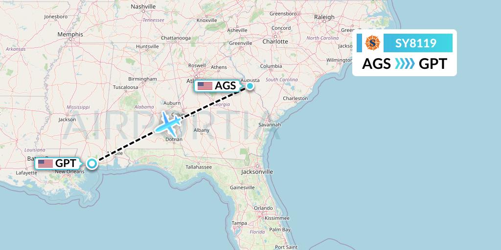 SY8119 Sun Country Airlines Flight Map: Augusta to Gulfport
