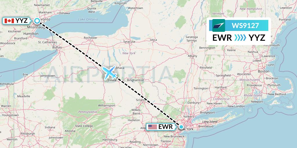 WS9127 WestJet Flight Map: New York to Toronto