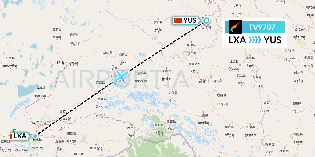 TV9707 Tibet Airlines Flight Map: Lhasa to Yushu