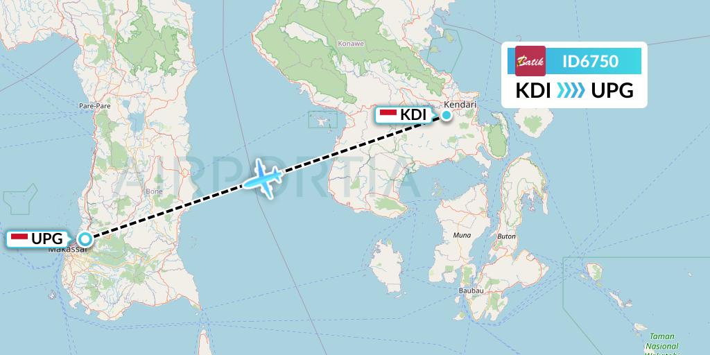 ID6750 Batik Air Flight Map: Kendari to Makassar