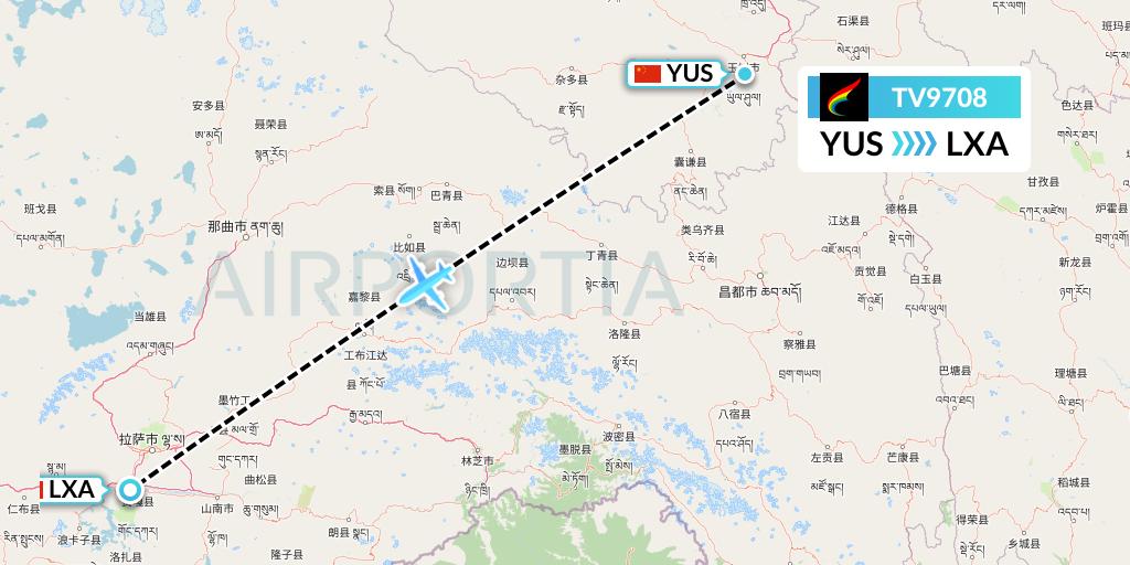 TV9708 Tibet Airlines Flight Map: Yushu to Lhasa