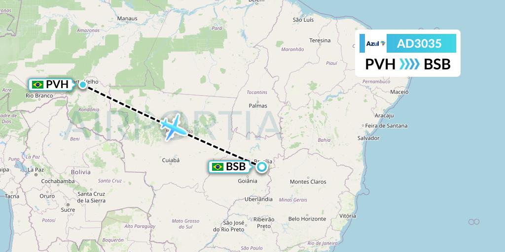 AD3035 Azul Brazilian Airlines Flight Map: Porto Velho to Brasilia