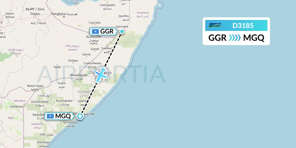 D3185 Daallo Airlines Flight Map: Garoe to Mogadishu