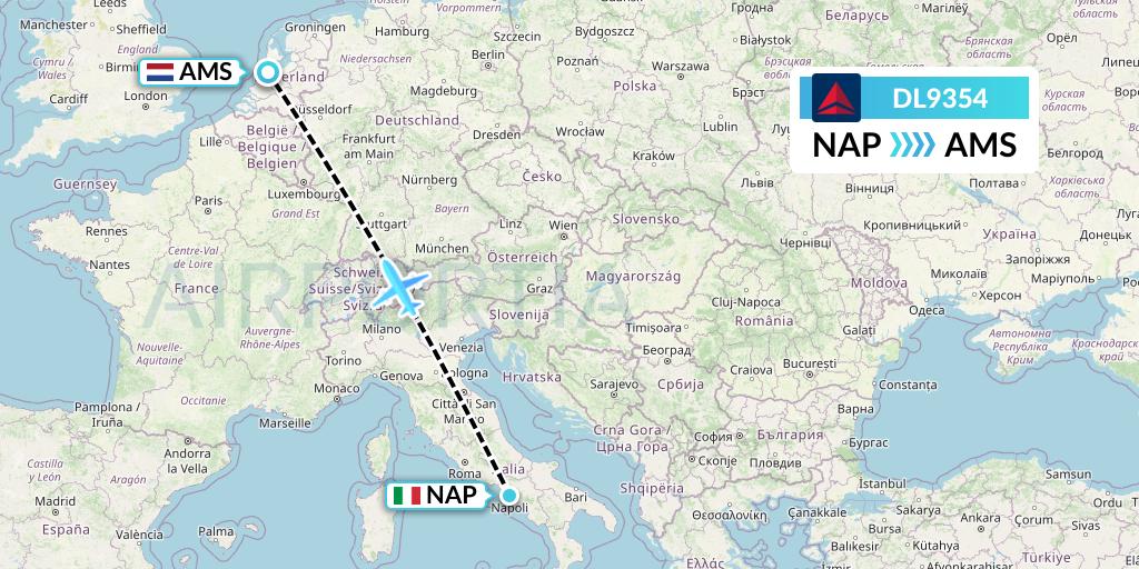 DL9354 Delta Air Lines Flight Map: Naples to Amsterdam