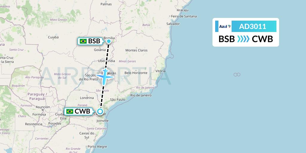 AD3011 Azul Brazilian Airlines Flight Map: Brasilia to Curitiba