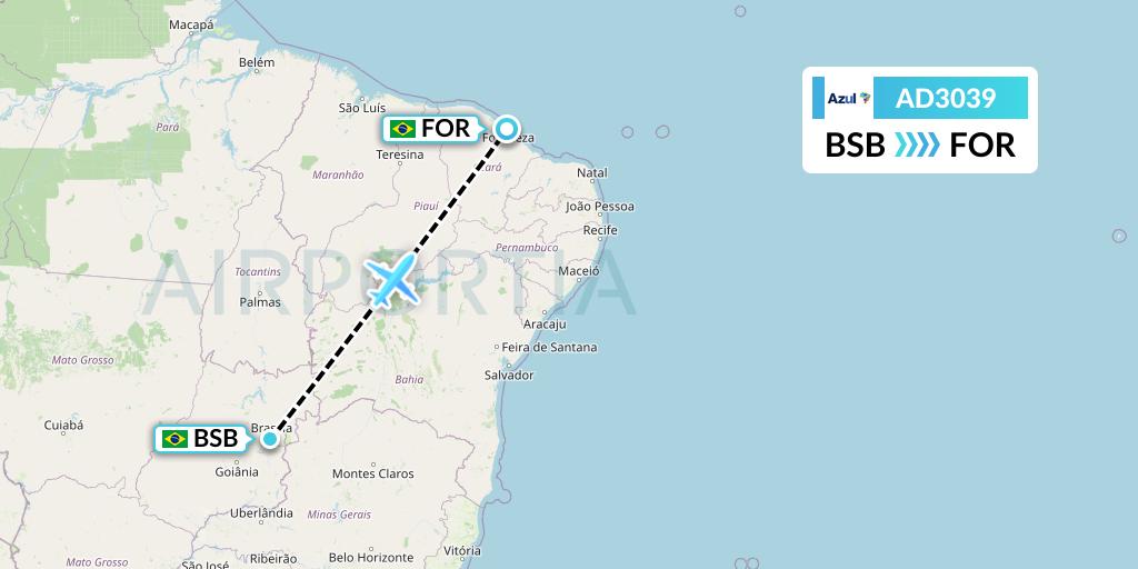 AD3039 Azul Brazilian Airlines Flight Map: Brasilia to Fortaleza