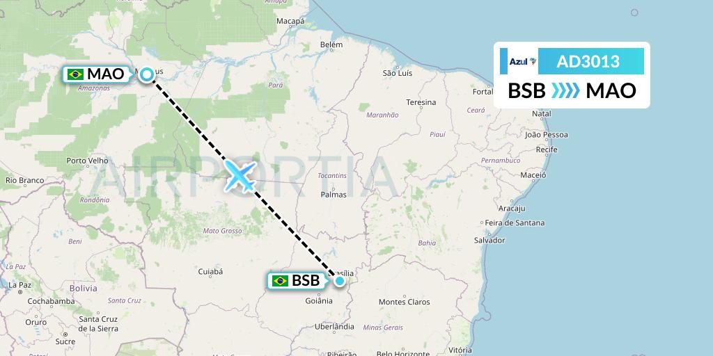 AD3013 Azul Brazilian Airlines Flight Map: Brasilia to Manaus