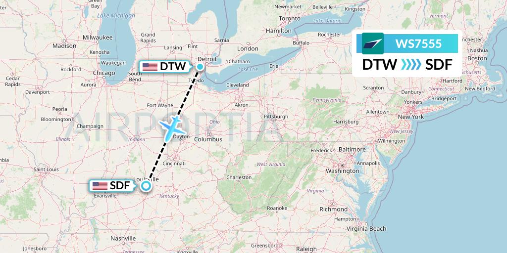 WS7555 WestJet Flight Map: Detroit to Louisville
