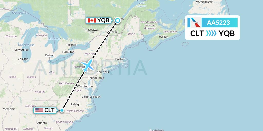 AA5223 American Airlines Flight Map: Charlotte to Quebec