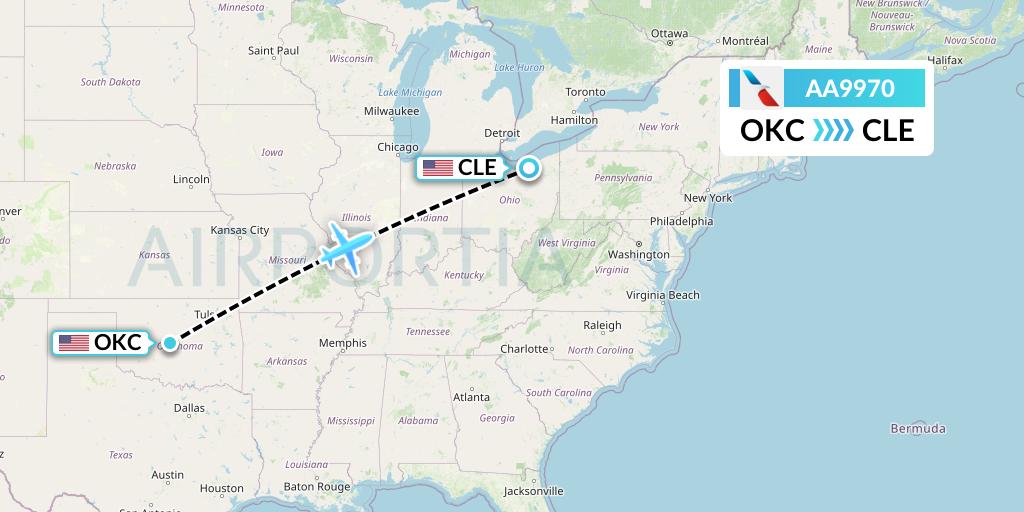 AA9970 American Airlines Flight Map: Oklahoma City to Cleveland