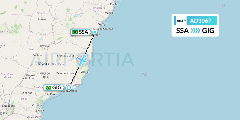 AD3067 Azul Brazilian Airlines Flight Map: Salvador to Rio de Janeiro