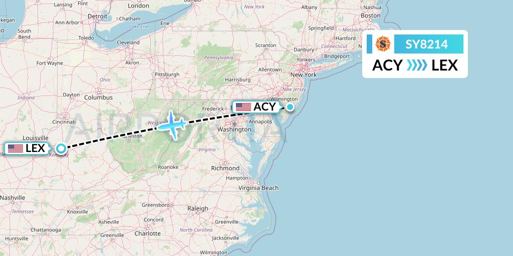 SY8214 Sun Country Airlines Flight Map: Atlantic City to Lexington