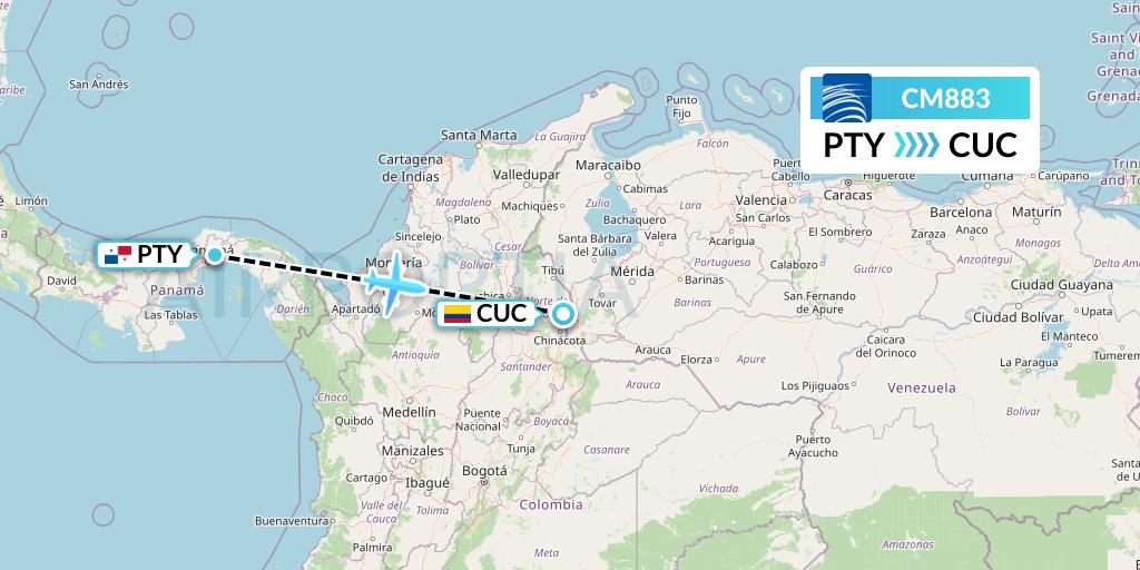CM883 Copa Airlines Flight Map: Panama City to Cucuta