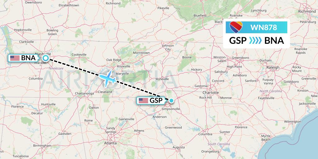 WN878 Southwest Airlines Flight Map: Greenville-Spartanburg to Nashville
