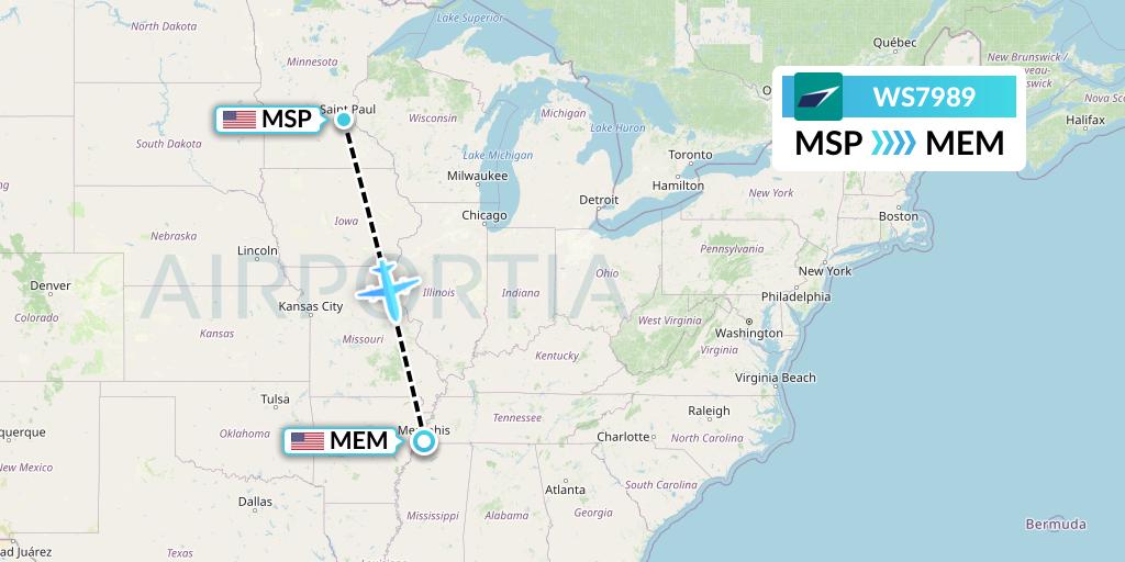 WS7989 WestJet Flight Map: Minneapolis to Memphis