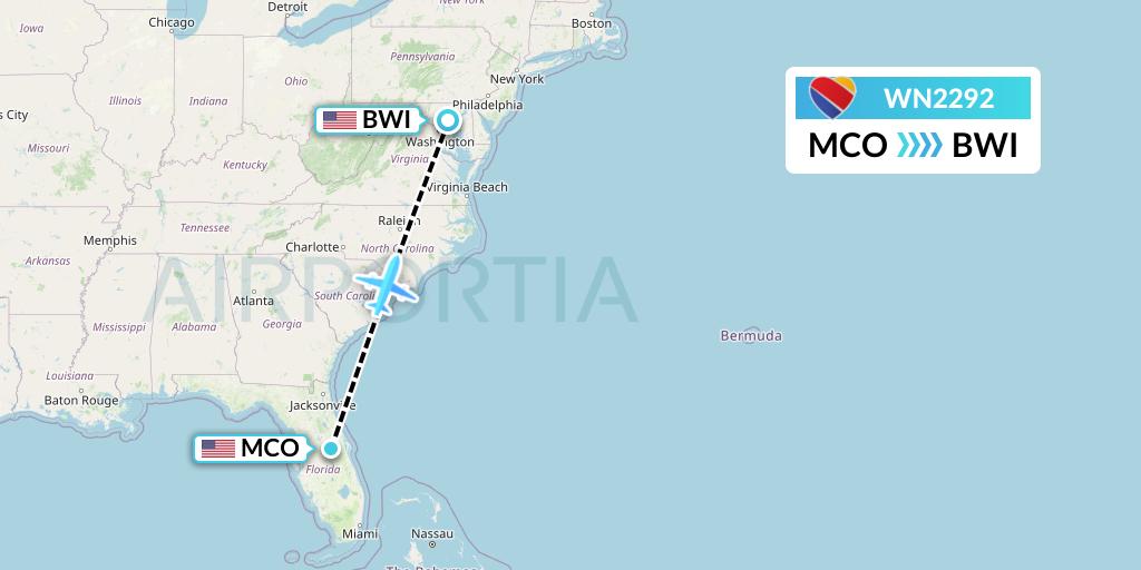 WN2292 Southwest Airlines Flight Map: Orlando to Baltimore