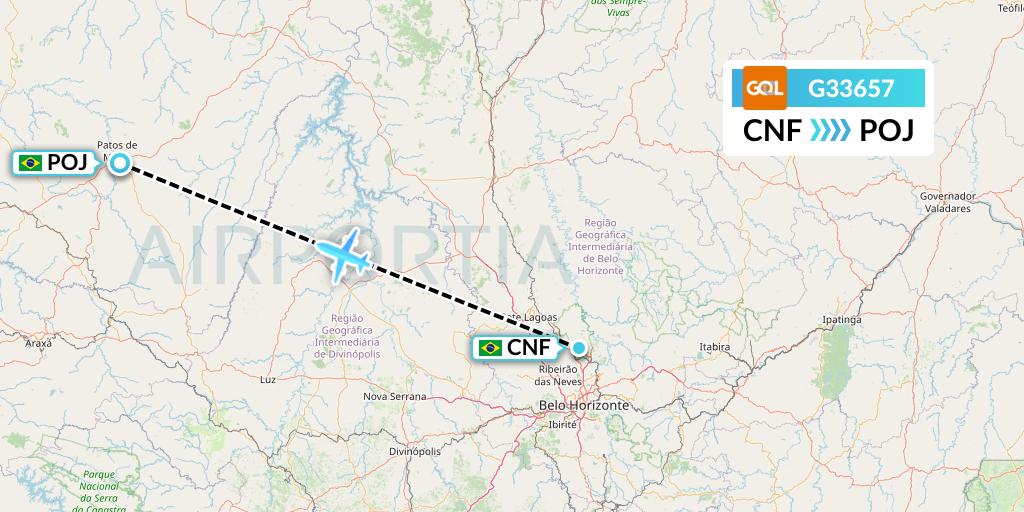 G33657 GOL Transportes Aeros Flight Map: Belo Horizonte to Patos de Minas
