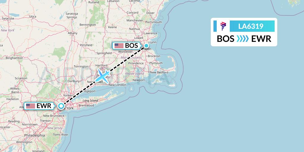 LA6319 LAN Airlines Flight Map: Boston to New York
