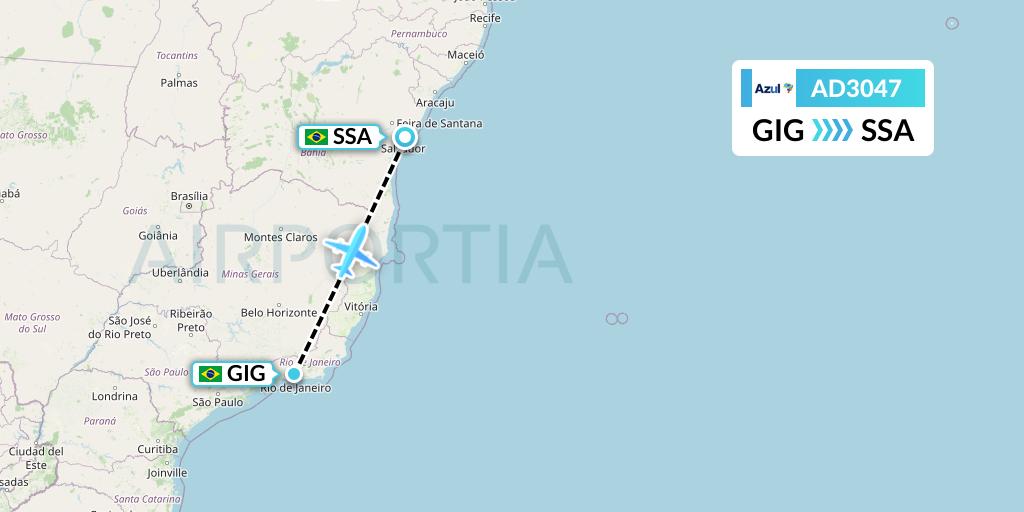 AD3047 Azul Brazilian Airlines Flight Map: Rio de Janeiro to Salvador