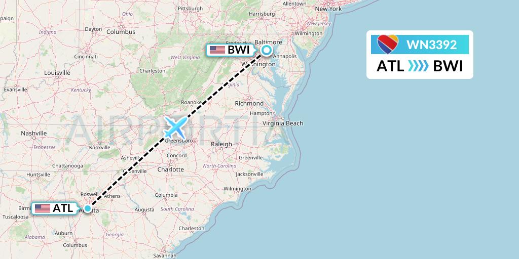WN3392 Southwest Airlines Flight Map: Atlanta to Baltimore