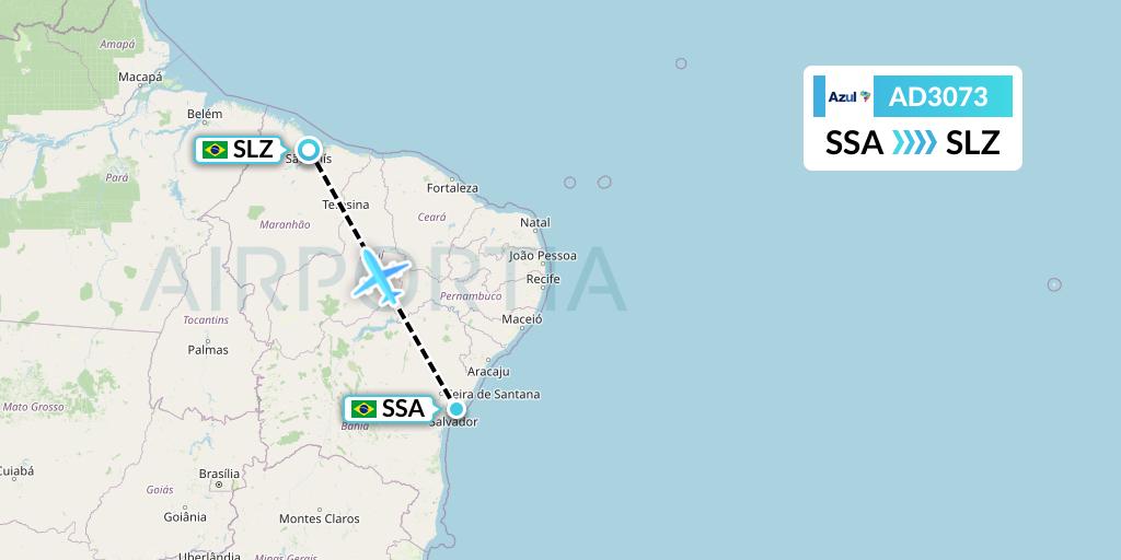 AD3073 Azul Brazilian Airlines Flight Map: Salvador to Sao Luis