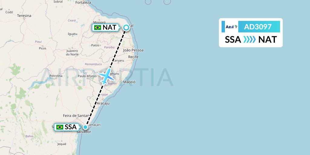 AD3097 Azul Brazilian Airlines Flight Map: Salvador to Natal