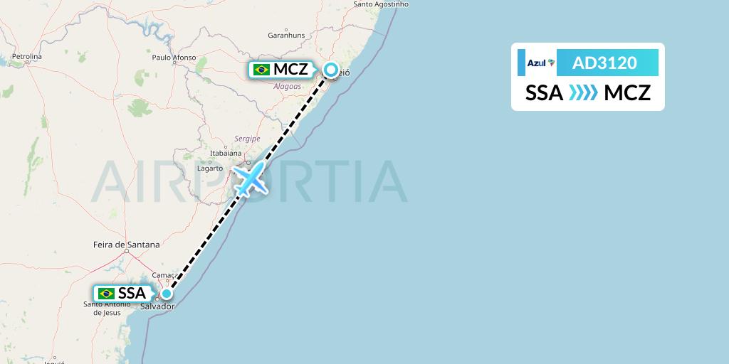 AD3120 Azul Brazilian Airlines Flight Map: Salvador to Maceio
