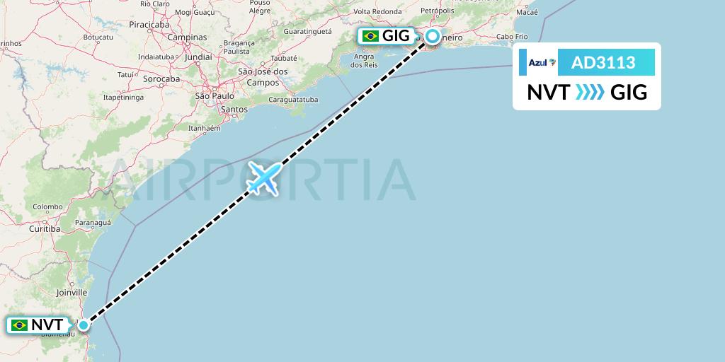 AD3113 Azul Brazilian Airlines Flight Map: Navegantes to Rio de Janeiro
