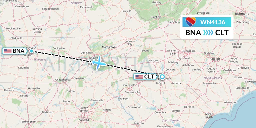 WN4136 Southwest Airlines Flight Map: Nashville to Charlotte