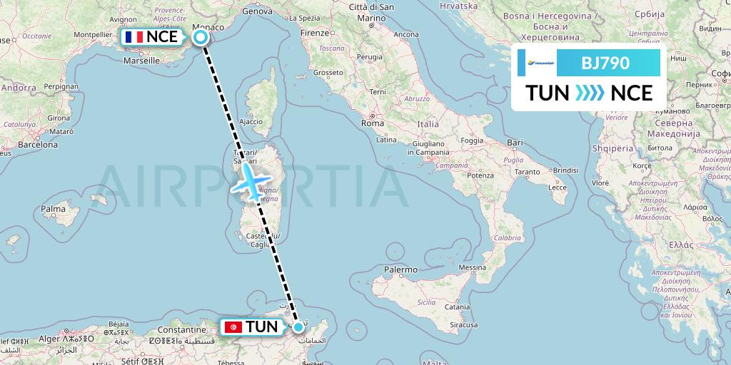 BJ790 Nouvelair Tunisie Flight Map: Tunis to Nice