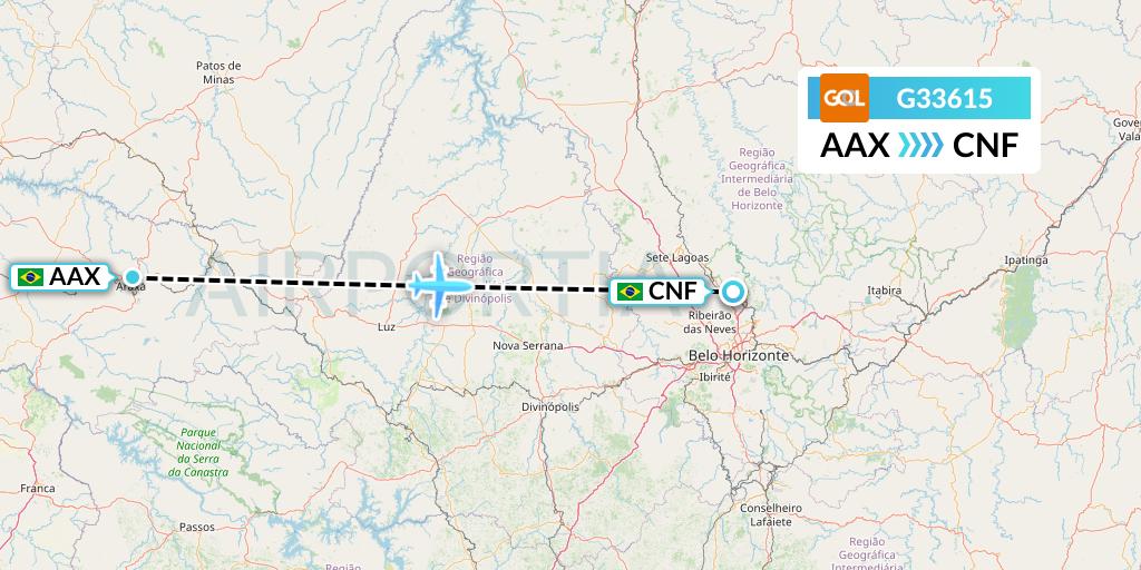 G33615 GOL Transportes Aeros Flight Map: Araxa to Belo Horizonte