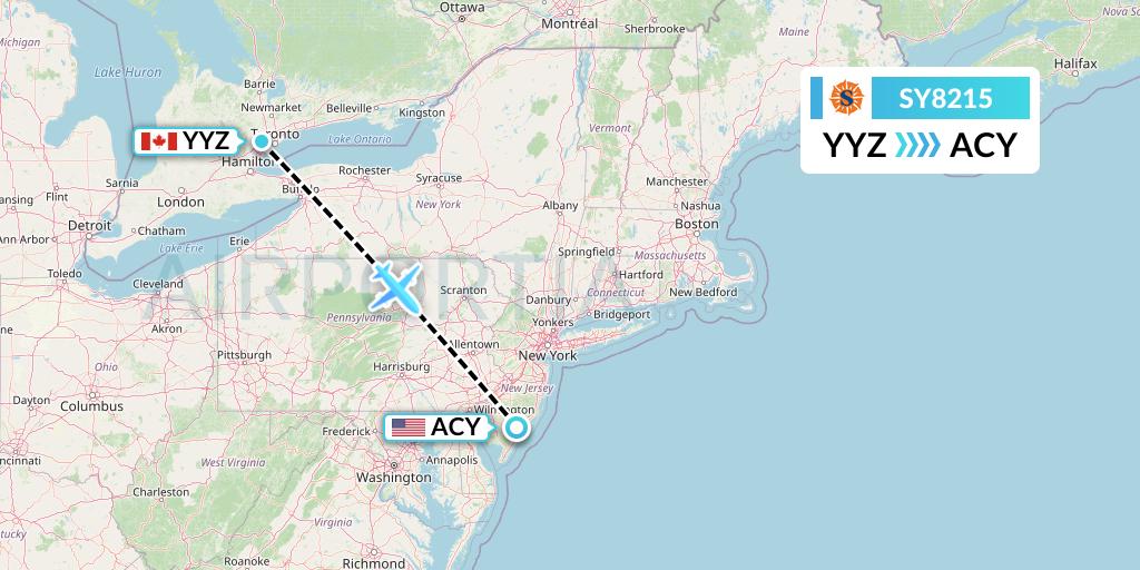 SY8215 Sun Country Airlines Flight Map: Toronto to Atlantic City