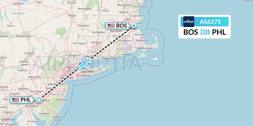 AS6275 Alaska Airlines Flight Map: Boston to Philadelphia