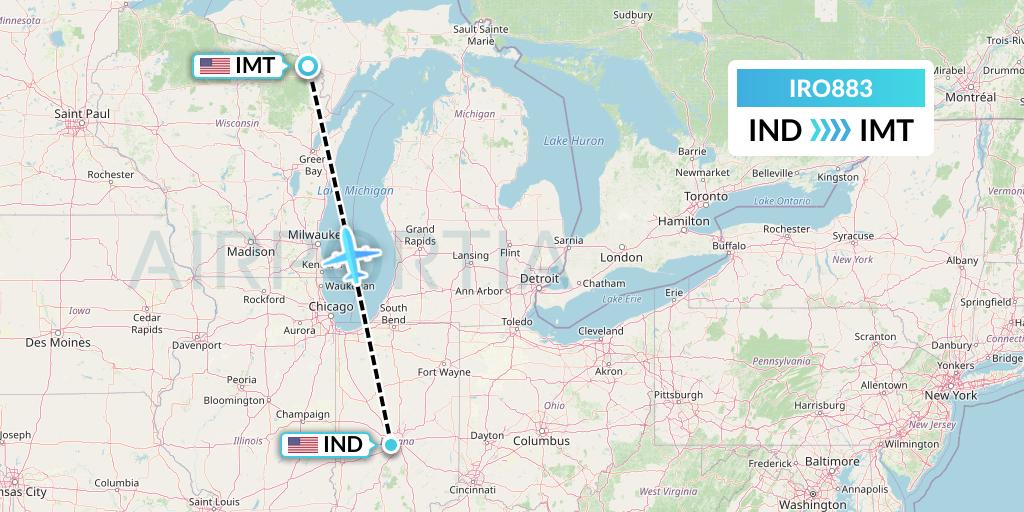 IRO883 CSA Air Flight Map: Indianapolis to Iron Mountain Kingsford