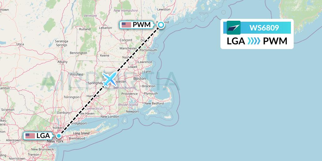 WS6809 WestJet Flight Map: New York to Portland